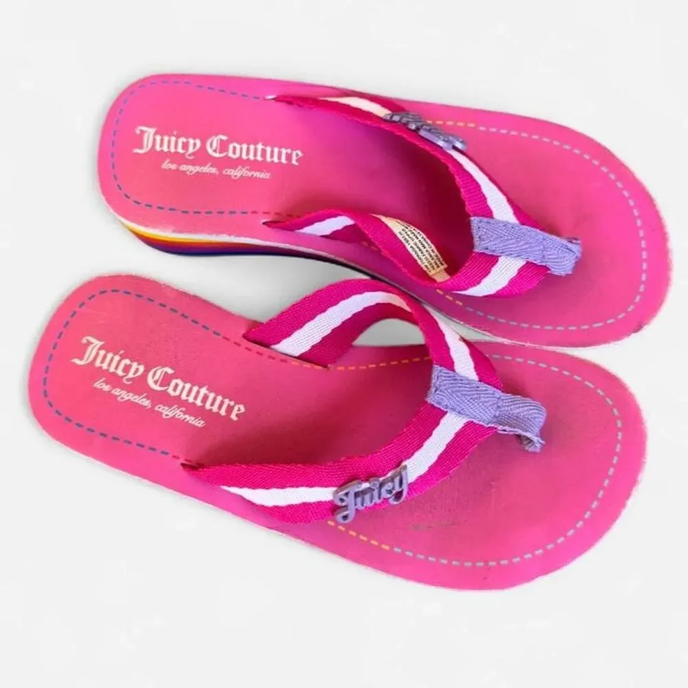 Juicy Couture pink platform flip flops with rainbow stripes sole